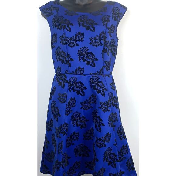 Le Chateau Cobalt Blue Dress with Black Velvet flowers A Line size M - Picture 1 of 6